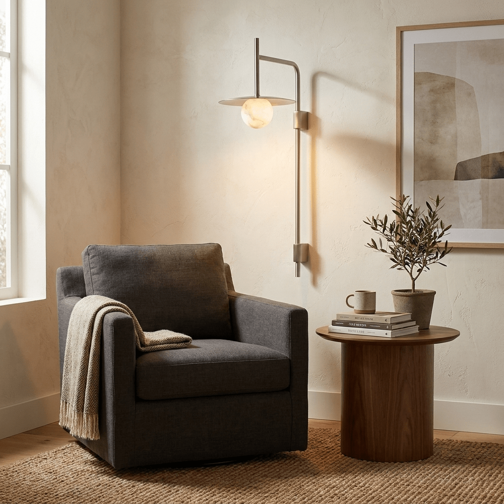 Nivara Long Arm Alabaster Wall Sconce — additional product view, a stone globe carried by an elongated metal frame (view 3)