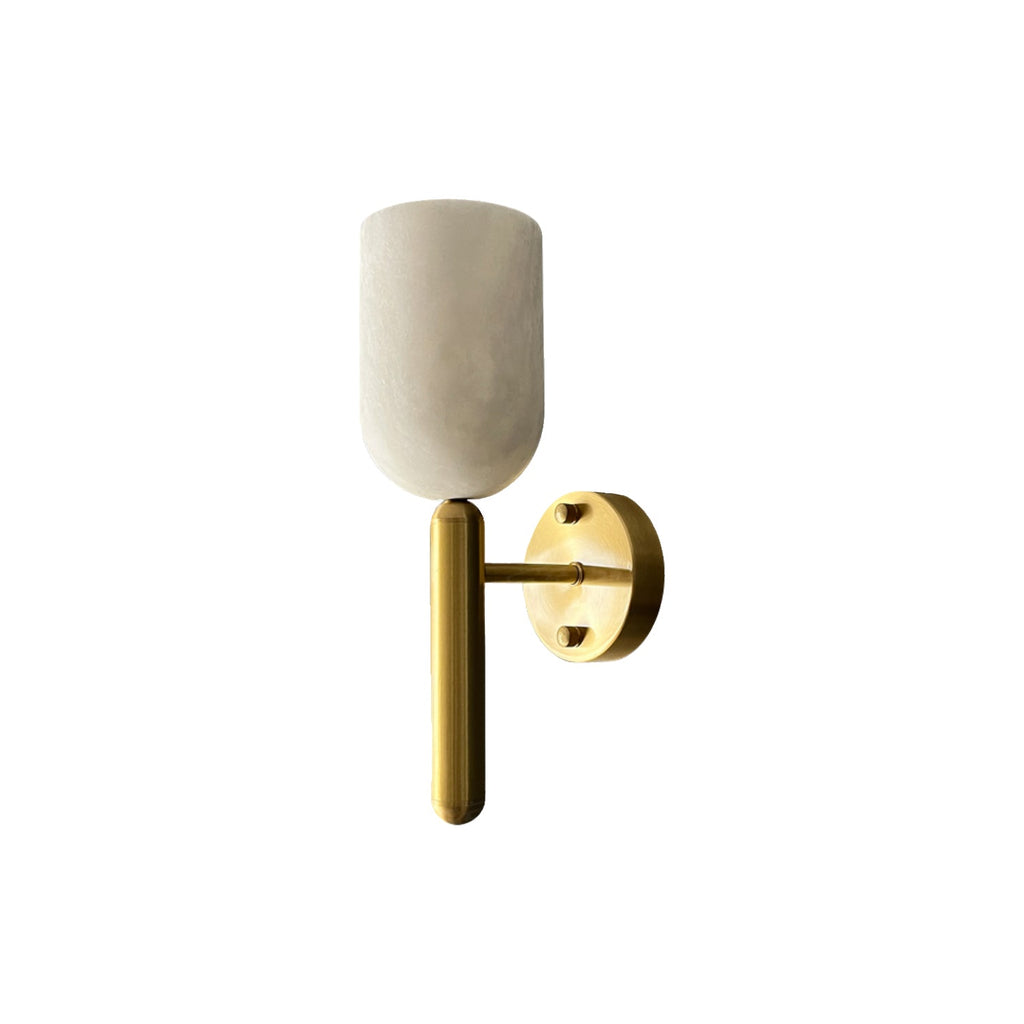 Omo Alabaster Wall Lamp — full fixture profile, a stone diffuser with a simple brass wall frame (view 1)