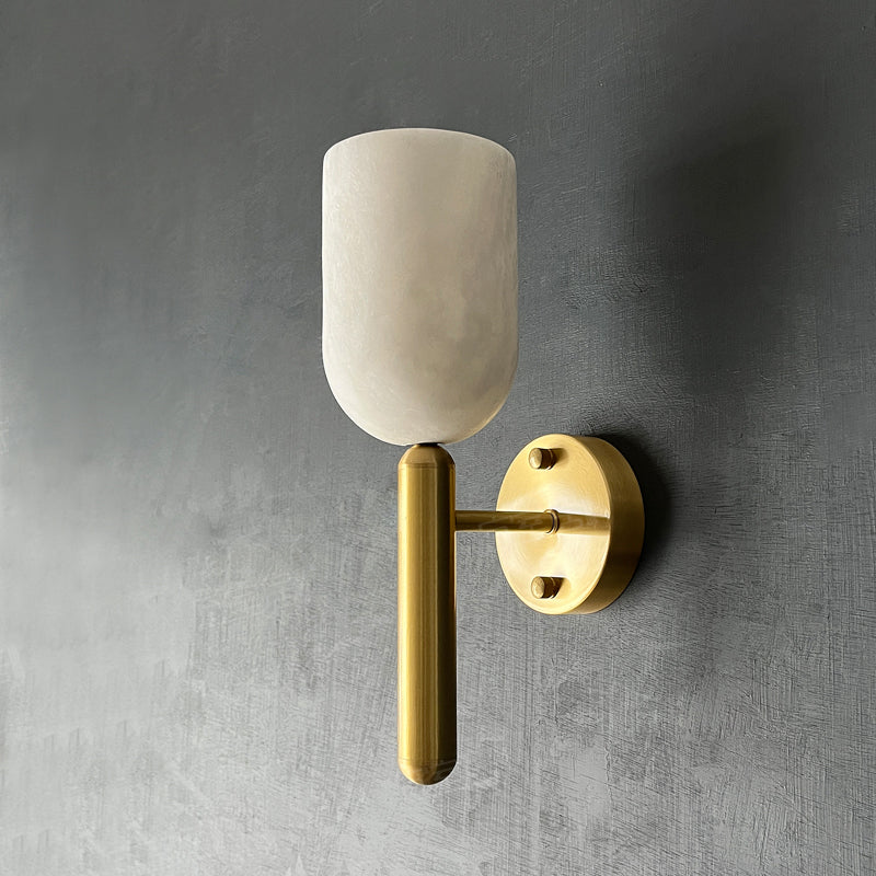 Omo Alabaster Wall Lamp — product setting and fixture profile, a stone diffuser with a simple brass wall frame (view 2)