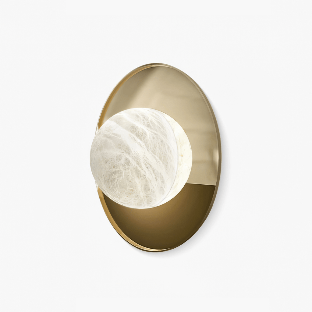 Ophela Alabaster Sconce — full fixture profile, a carved stone shade on a brass wall backplate (view 1)