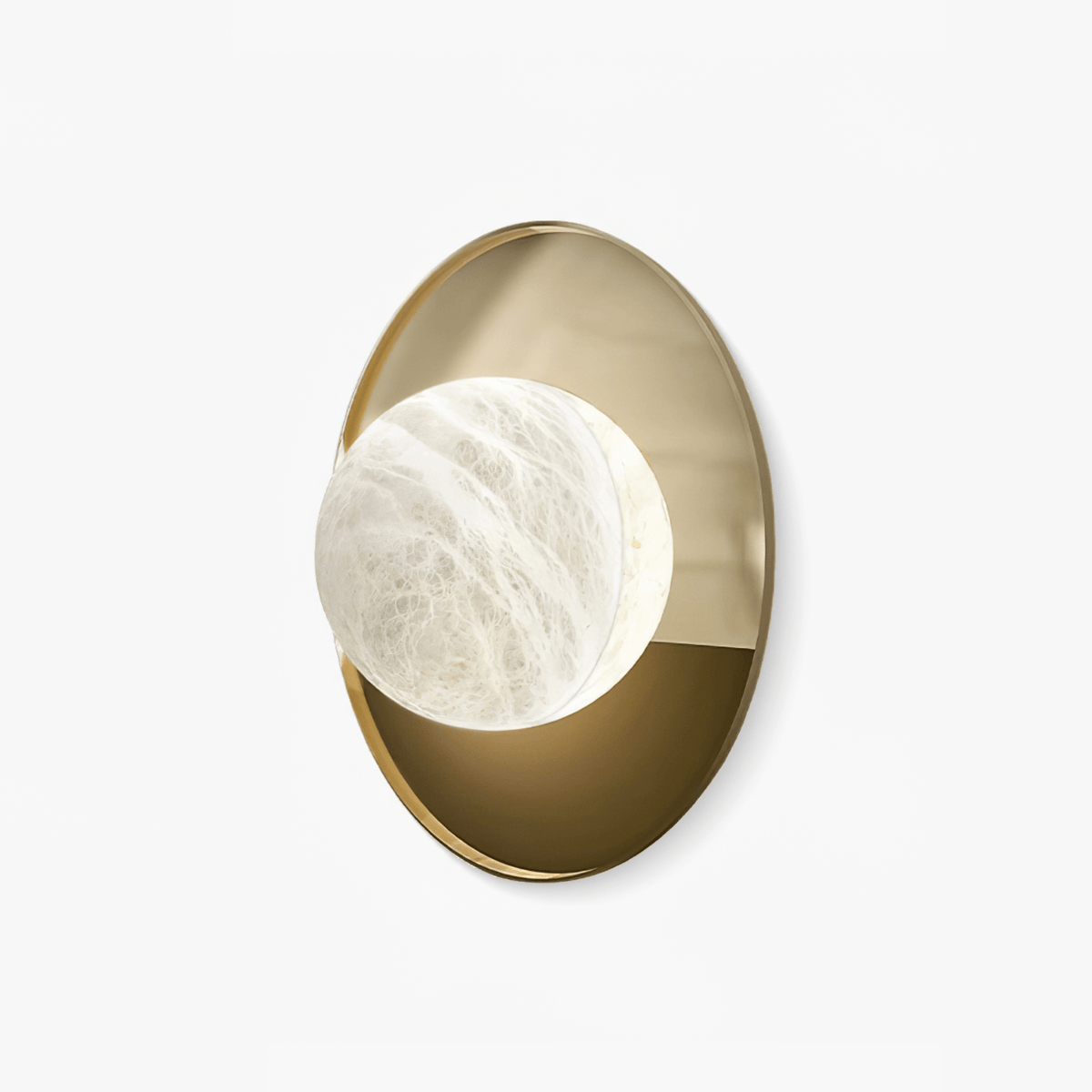 Ophela Alabaster Sconce — full fixture profile, a carved stone shade on a brass wall backplate (view 1)