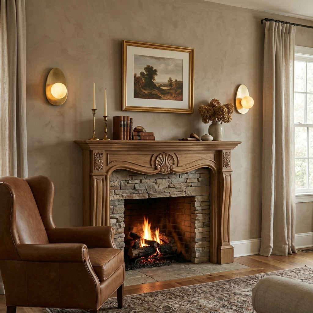 Orba Alabaster Wall Sconce — additional product view, a round stone shade on a brass wall mount (view 4)