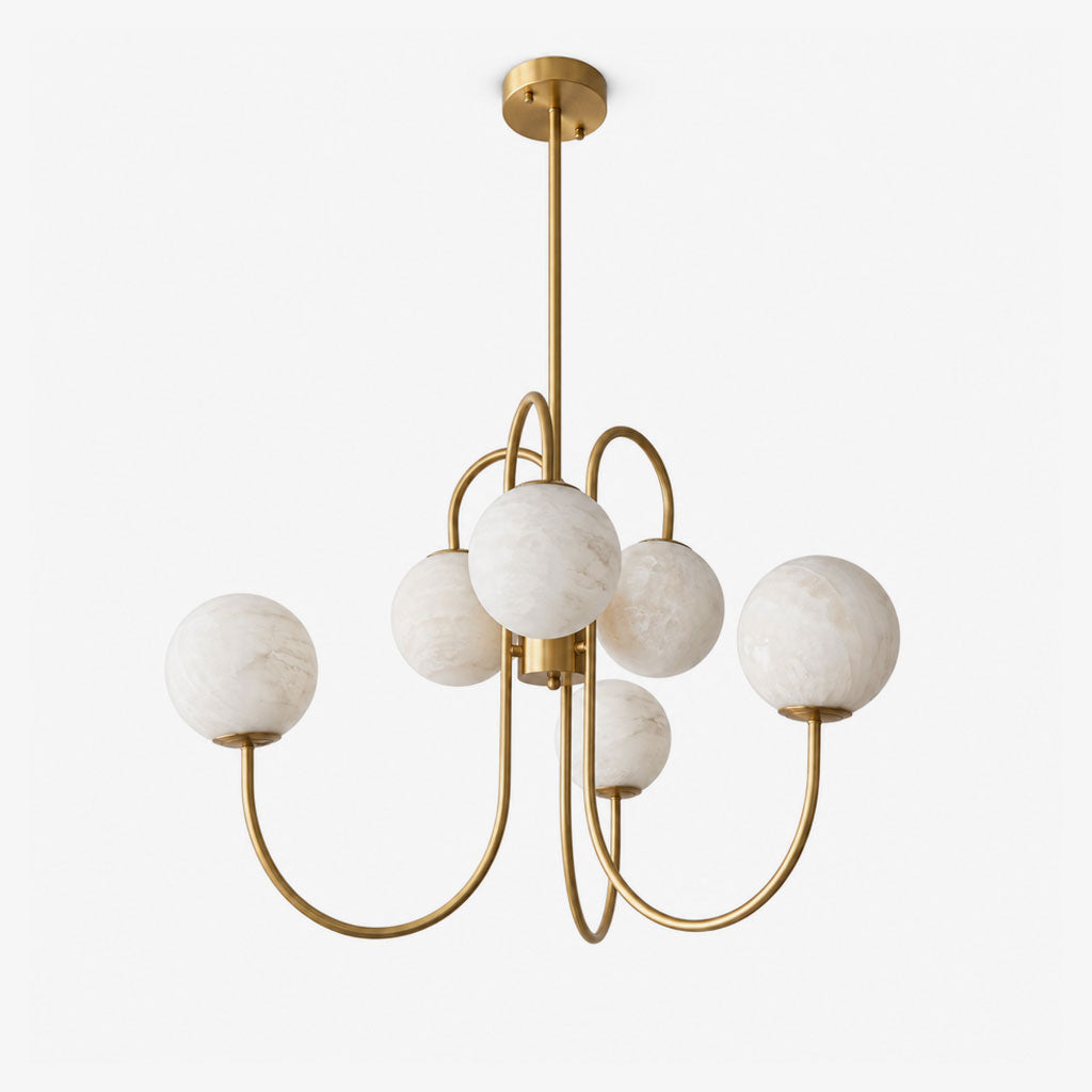 Orbita Alabaster Globe Chandelier — full fixture profile, six stone globes carried by sweeping metal arms (view 1)