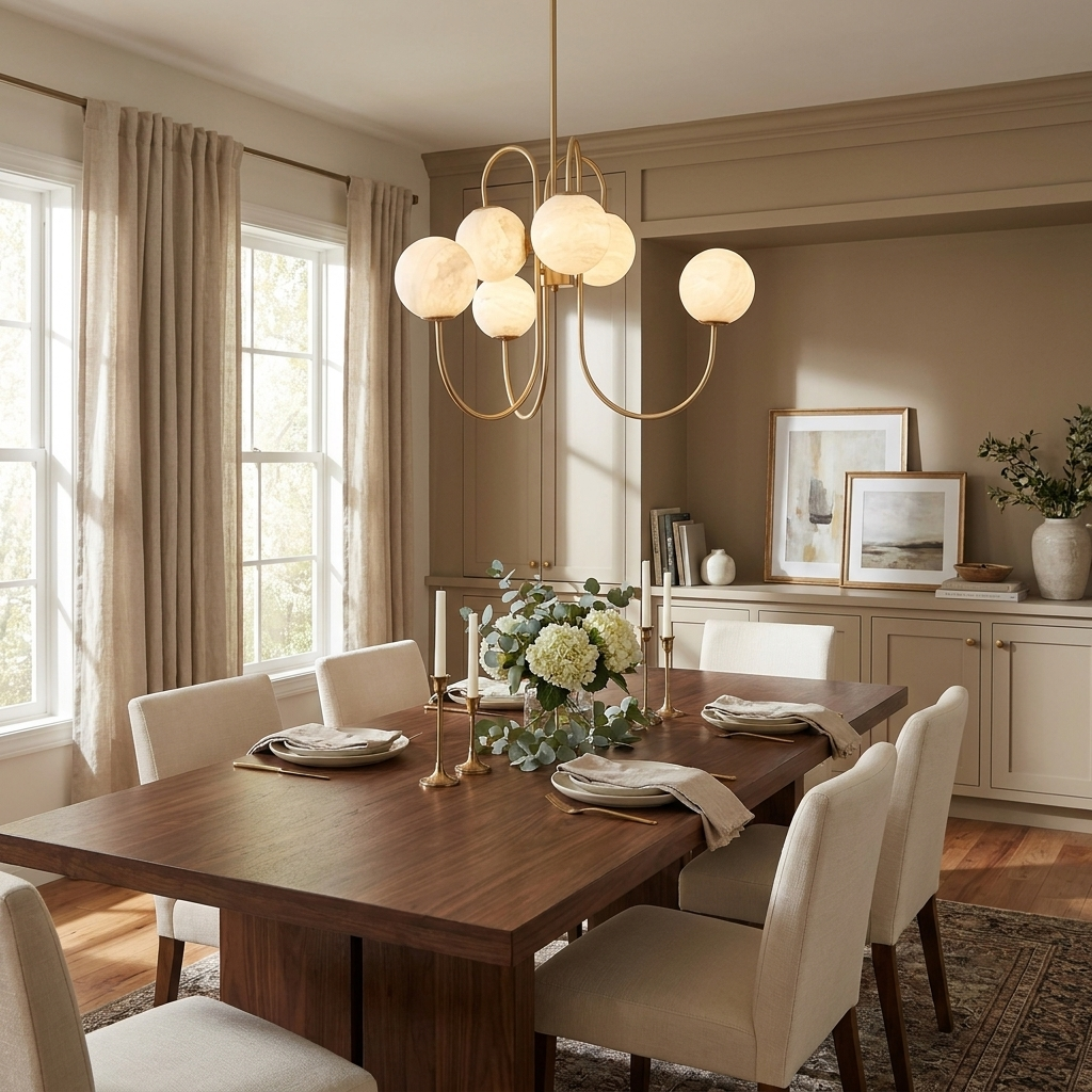 Orbita Alabaster Globe Chandelier — product setting and fixture profile, six stone globes carried by sweeping metal arms (view 2)