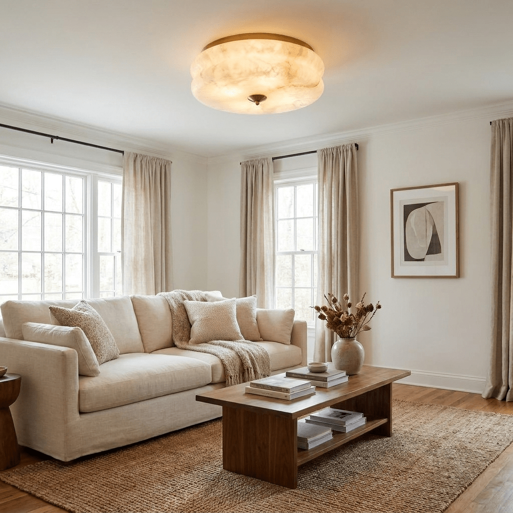 Orsay Alabaster Flush Mount — product setting and fixture profile, a rounded stone shade with a close-fitting ceiling mount (view 2)