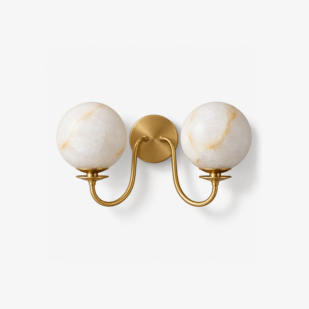 Orsella Double Alabaster Globe Wall Sconce — full fixture profile, two stone spheres on curved arms (view 1)