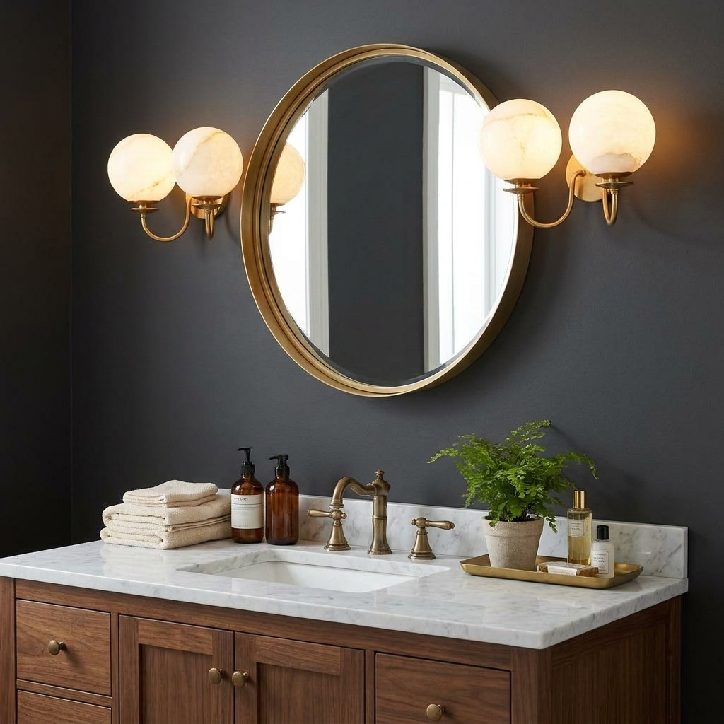 Orsella Double Alabaster Globe Wall Sconce — product setting and fixture profile, two stone spheres on curved arms (view 2)
