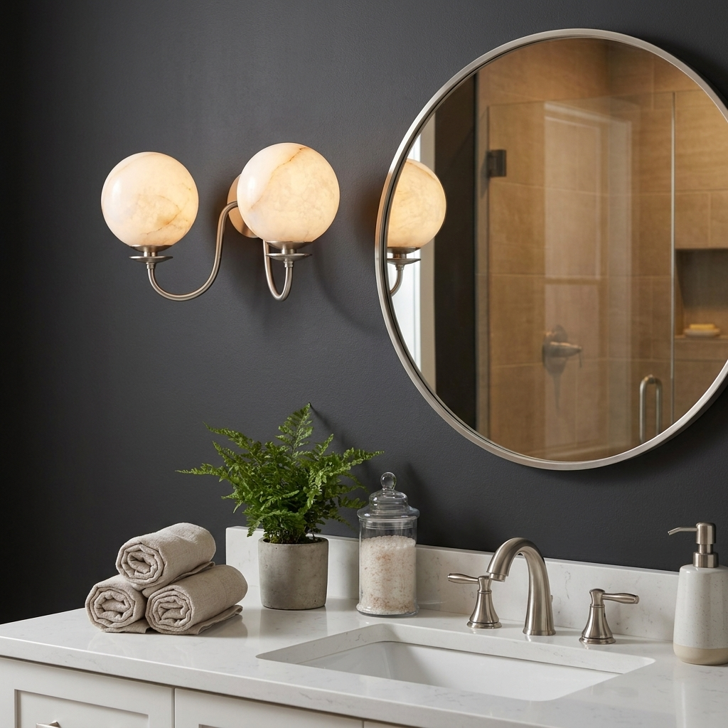 Orsella Double Alabaster Globe Wall Sconce — additional product view, two stone spheres on curved arms (view 3)