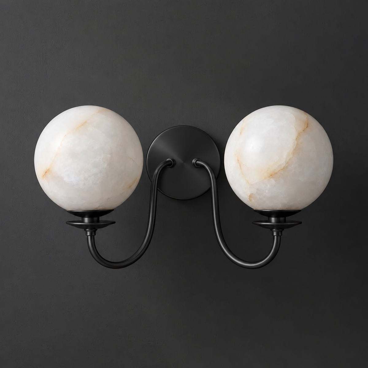 Orsella Double Alabaster Globe Wall Sconce — additional product view, two stone spheres on curved arms (view 5)