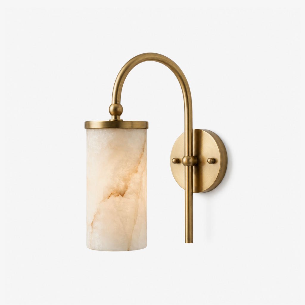 Orvella Alabaster Arc Wall Sconce — full fixture profile, a stone cylinder beneath a tall arched arm (view 1)