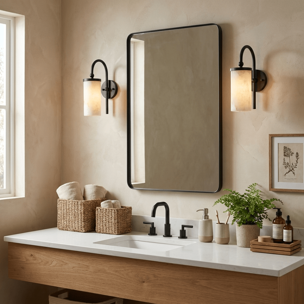Orvella Alabaster Arc Wall Sconce — product setting and fixture profile, a stone cylinder beneath a tall arched arm (view 2)