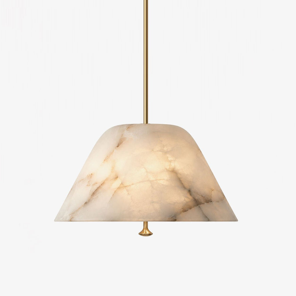 Orvella Alabaster Cone Pendant Light — full fixture profile, a broad stone cone suspended from a slim downrod (view 1)