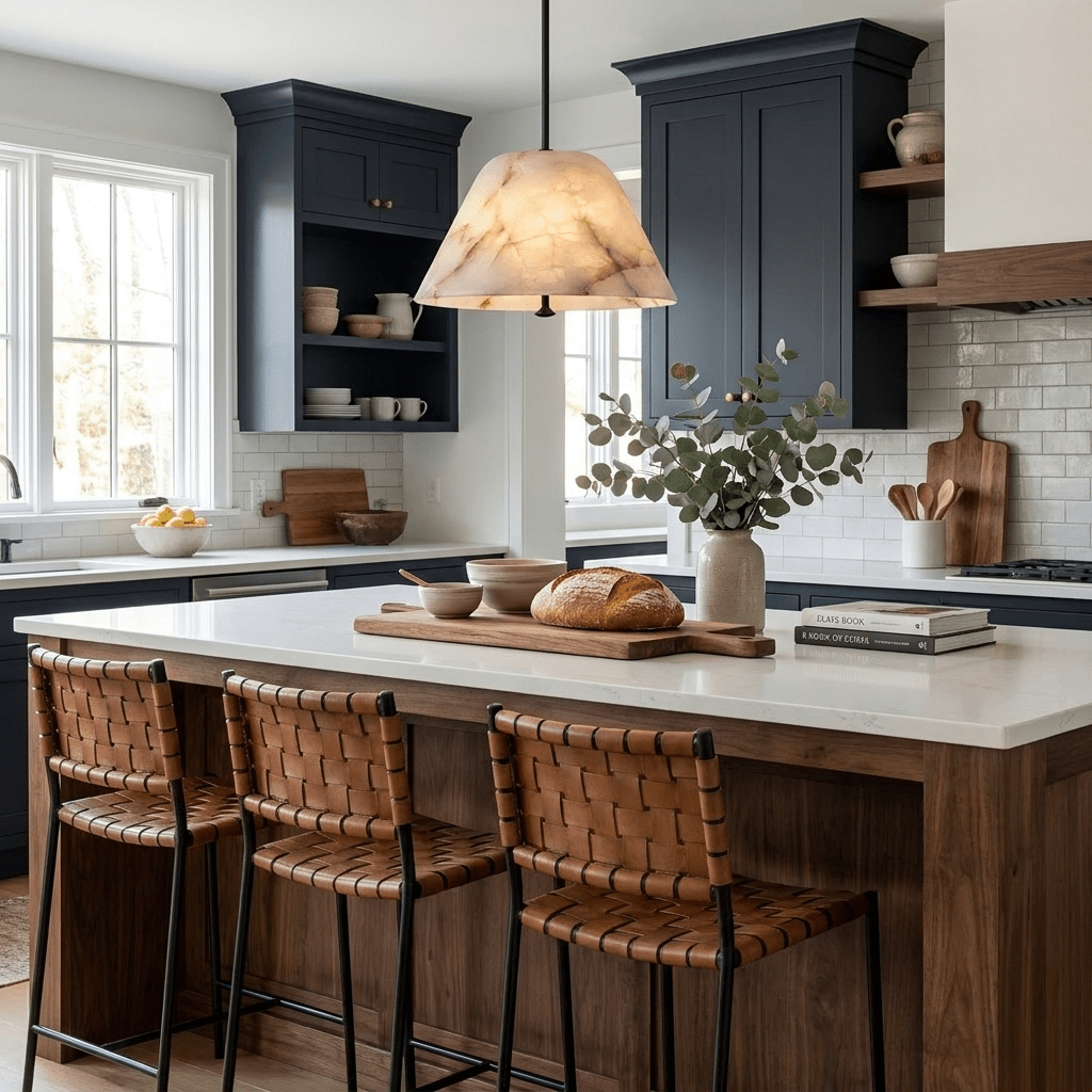 Orvella Alabaster Cone Pendant Light — additional product view, a broad stone cone suspended from a slim downrod (view 3)