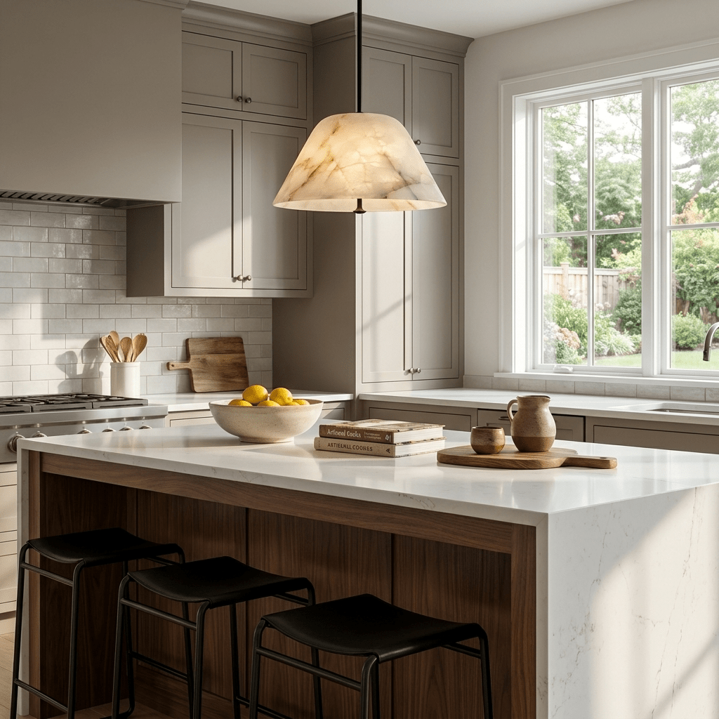 Orvella Alabaster Cone Pendant Light — additional product view, a broad stone cone suspended from a slim downrod (view 5)