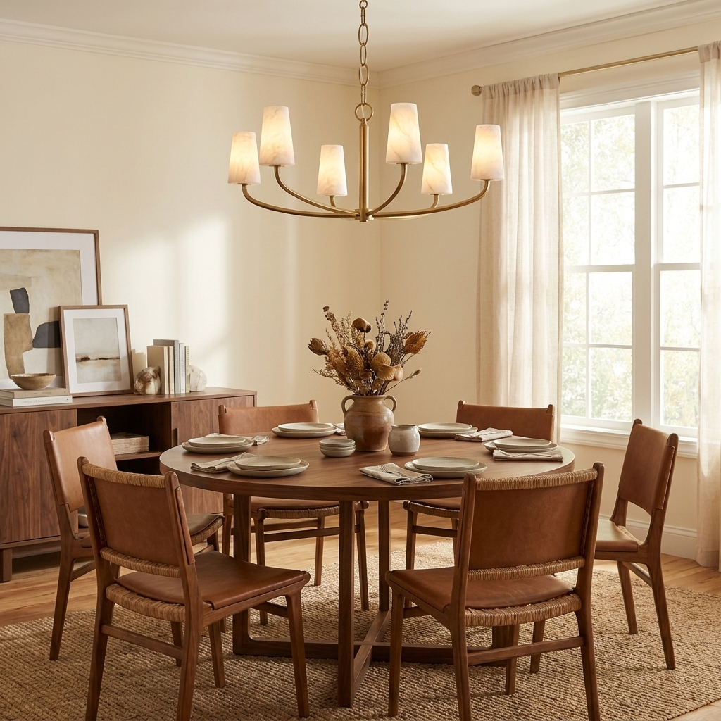 Osier Alabaster Chandelier — product setting and fixture profile, six stone cone shades on interwoven curved arms (view 2)