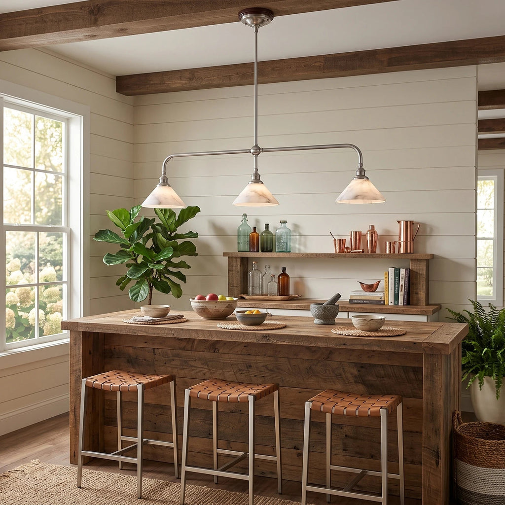 Parlor Alabaster Linear Pendant Lamp — additional product view, stone cone shades suspended from a gently curved bar (view 3)