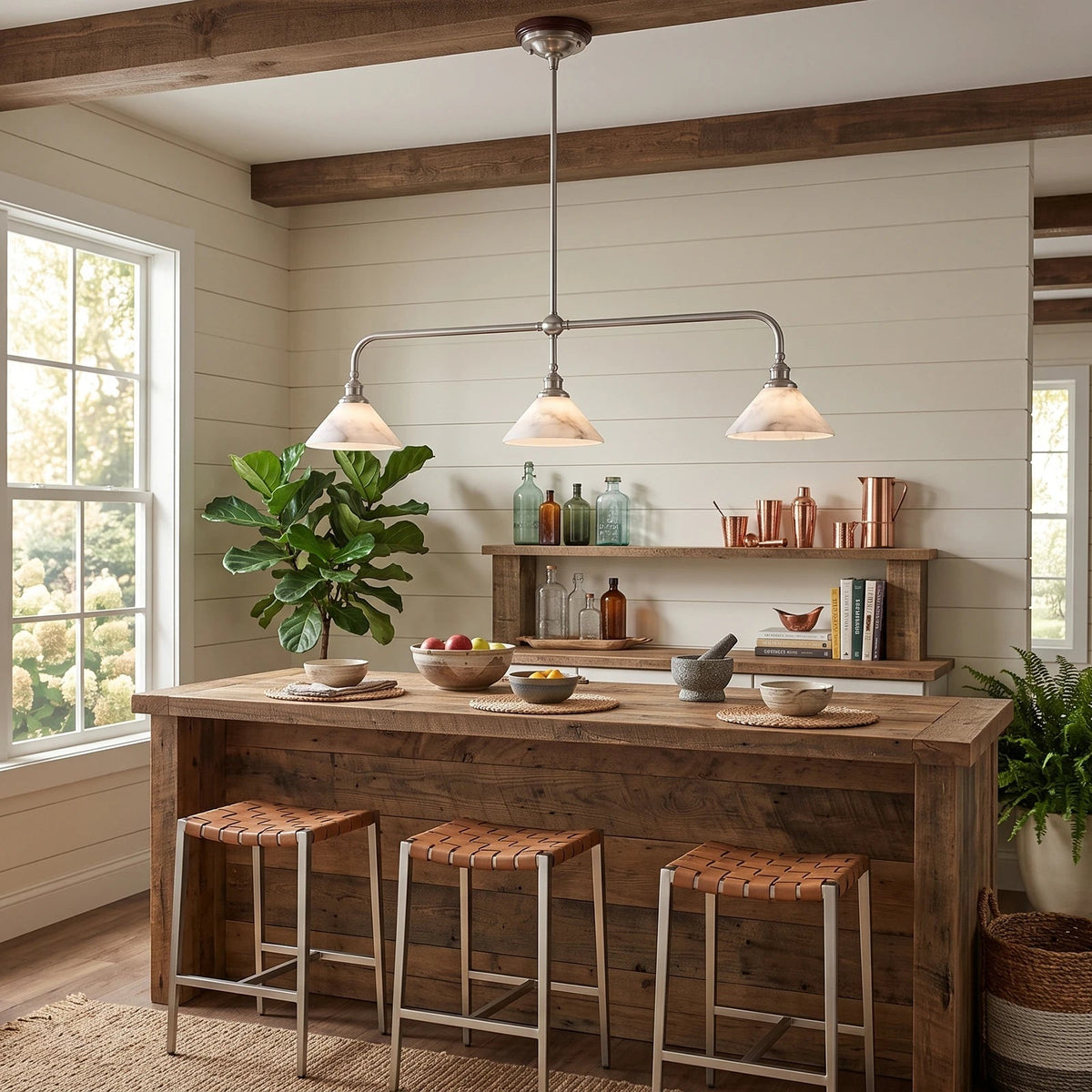 Parlor Alabaster Linear Pendant Lamp — additional product view, stone cone shades suspended from a gently curved bar (view 3)