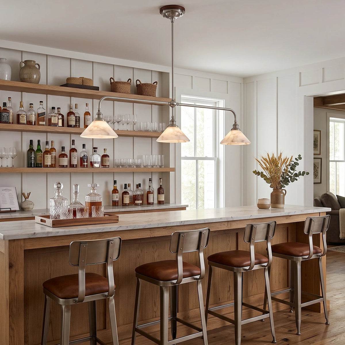 Parlor Alabaster Linear Pendant Lamp — additional product view, stone cone shades suspended from a gently curved bar (view 5)