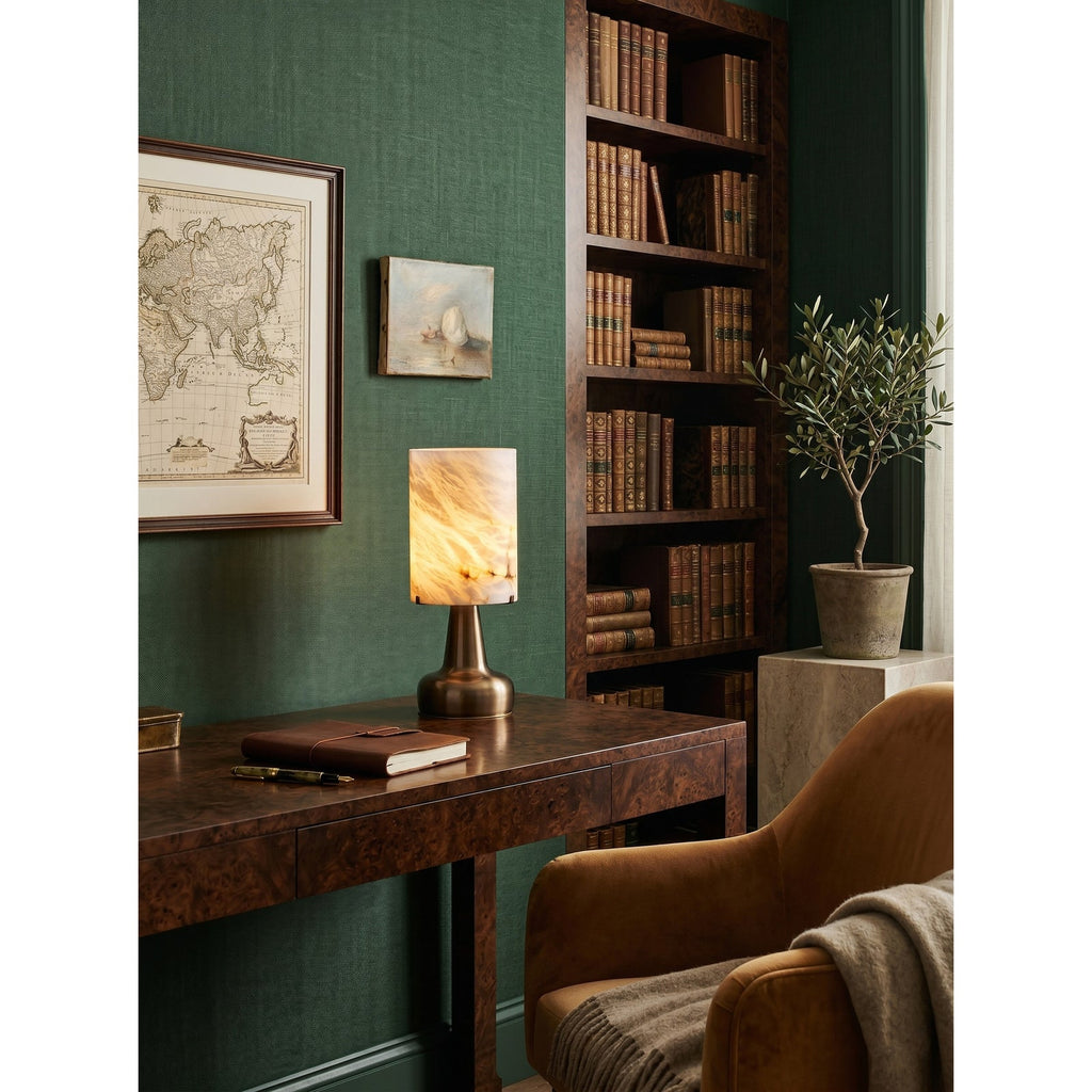 Pear Shaped Alabaster Table Lamp — additional product view, a stone shade above a metallic tabletop base (view 4)
