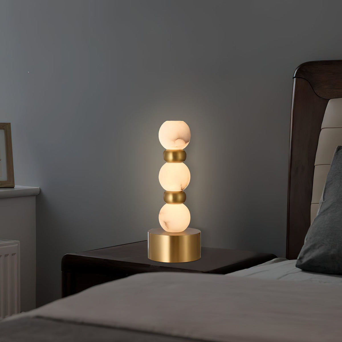 Pearl Xyx Alabaster Table Lamp — additional product view, three rounded stone forms above a metal base (view 4)