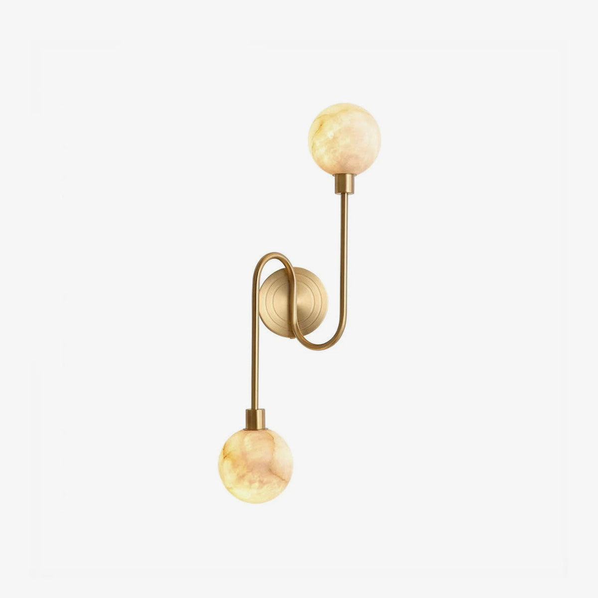 Perigee Alabaster Wall Sconce — full fixture profile, two stone globes carried by a slim metal arm (view 1)