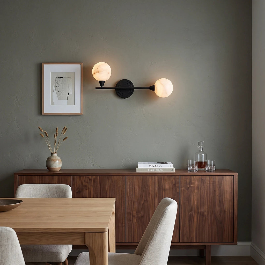 Perigee Alabaster Wall Sconce — additional product view, two stone globes carried by a slim metal arm (view 3)