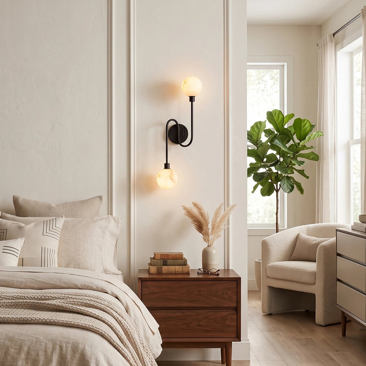 Perigee Alabaster Wall Sconce — additional product view, two stone globes carried by a slim metal arm (view 4)