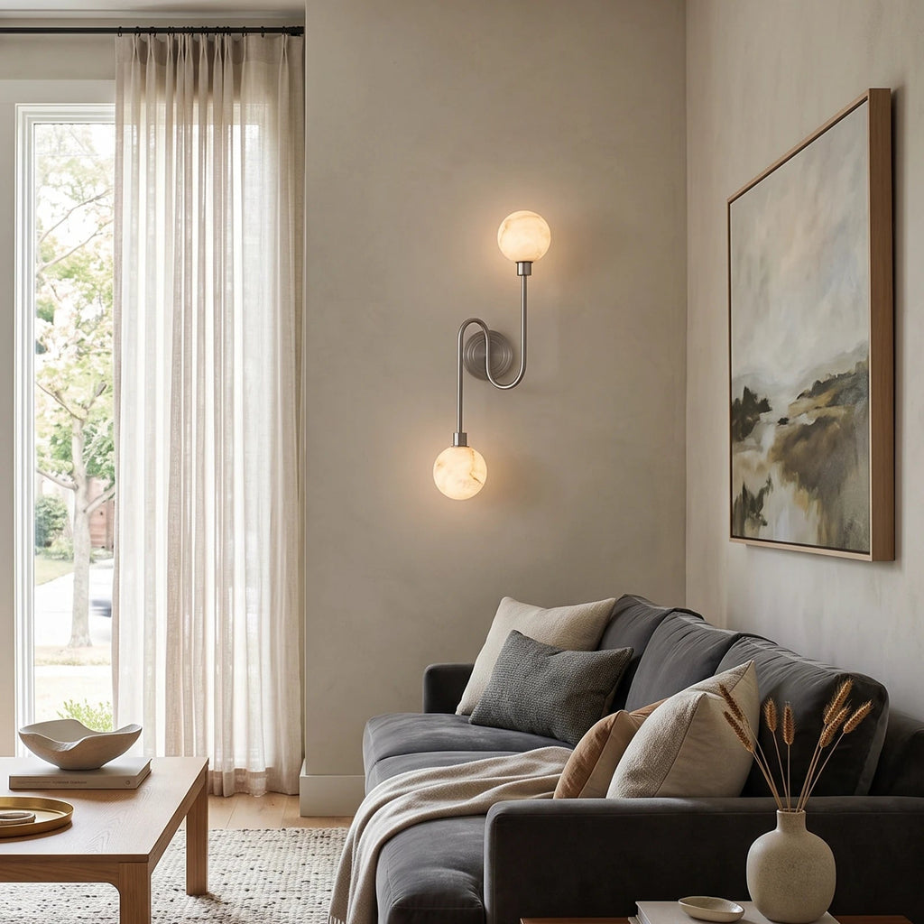 Perigee Alabaster Wall Sconce — additional product view, two stone globes carried by a slim metal arm (view 5)