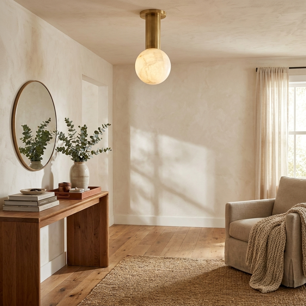 Pestle globe ceiling light above a seating area with an arched mirror
