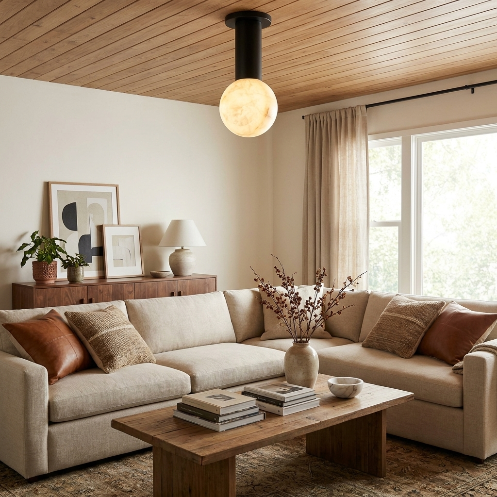 Pestle globe ceiling light installed in a living room with a wood ceiling