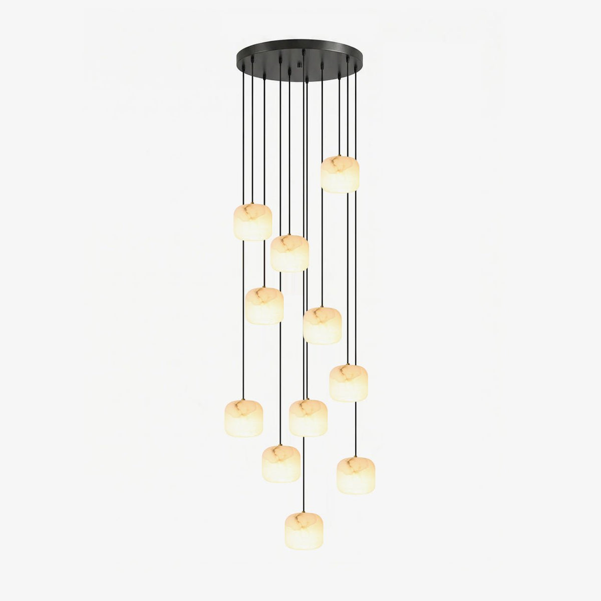 Pillow Alabaster Cluster Chandelier — full fixture profile, rounded stone shades hanging at staggered levels (view 1)