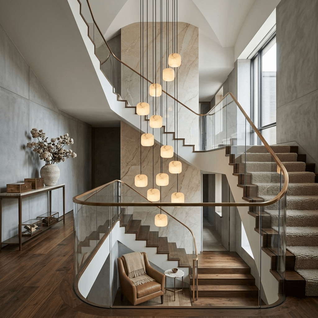 Pillow Alabaster Cluster Chandelier — product setting and fixture profile, rounded stone shades hanging at staggered levels (view 2)