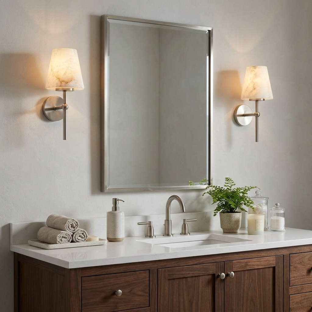 Pivot Alabaster Wall Sconce — additional product view, a stone cone above a long vertical rod (view 4)