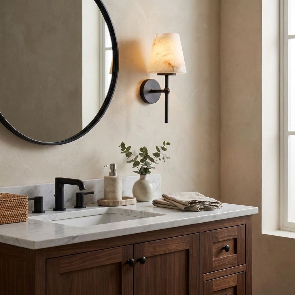Pivot Alabaster Wall Sconce — additional product view, a stone cone above a long vertical rod (view 5)