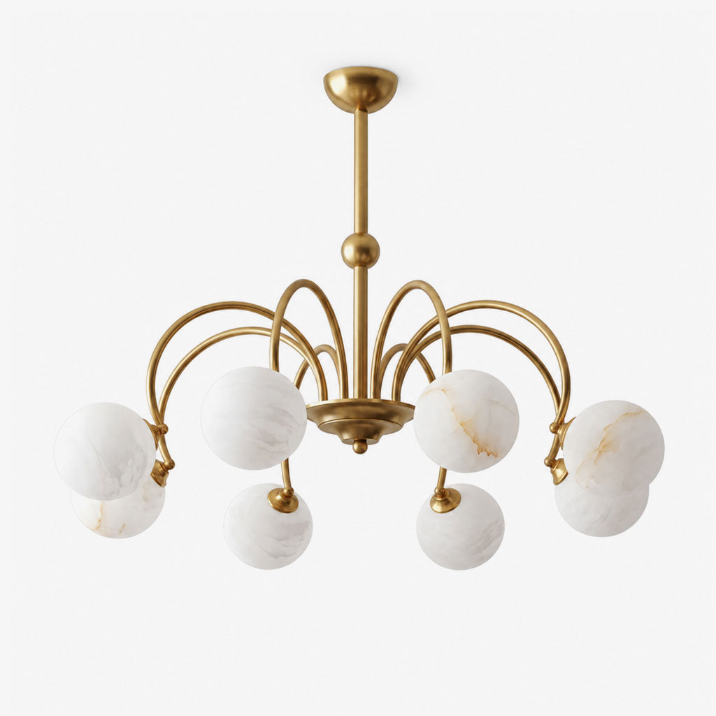 Plume Alabaster Chandelier — full fixture profile, globe shades carried by crossing curved arms (view 1)