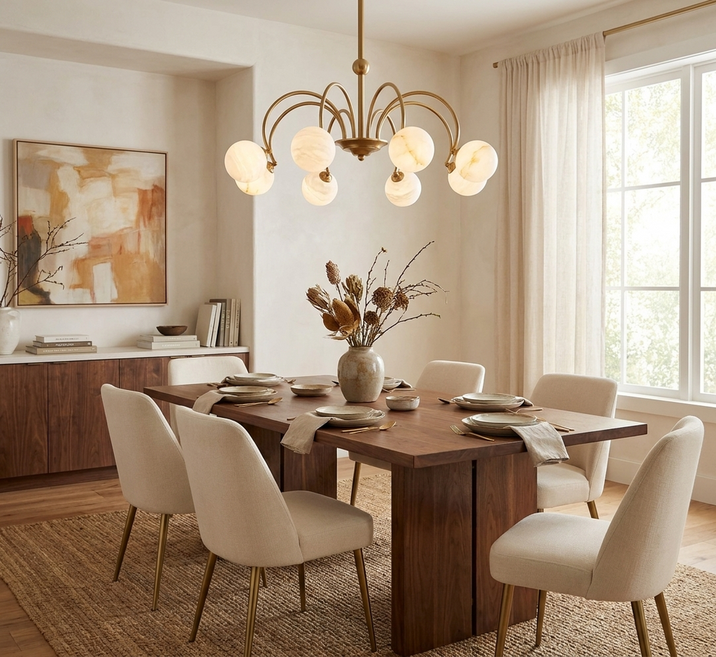 Plume Alabaster Chandelier — product setting and fixture profile, globe shades carried by crossing curved arms (view 2)