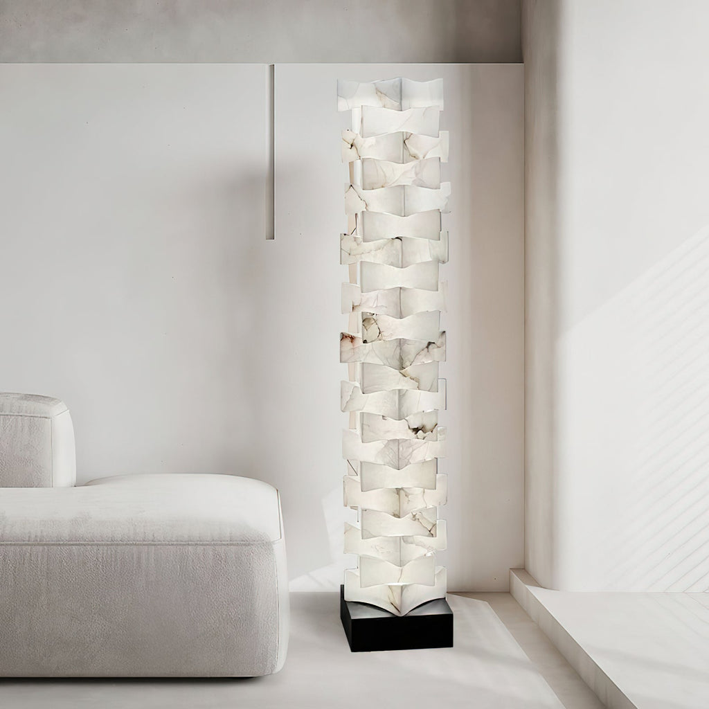 Stacked Alabaster Floor Light — additional product view, rotated stone blocks stacked above a dark metal base (view 4)