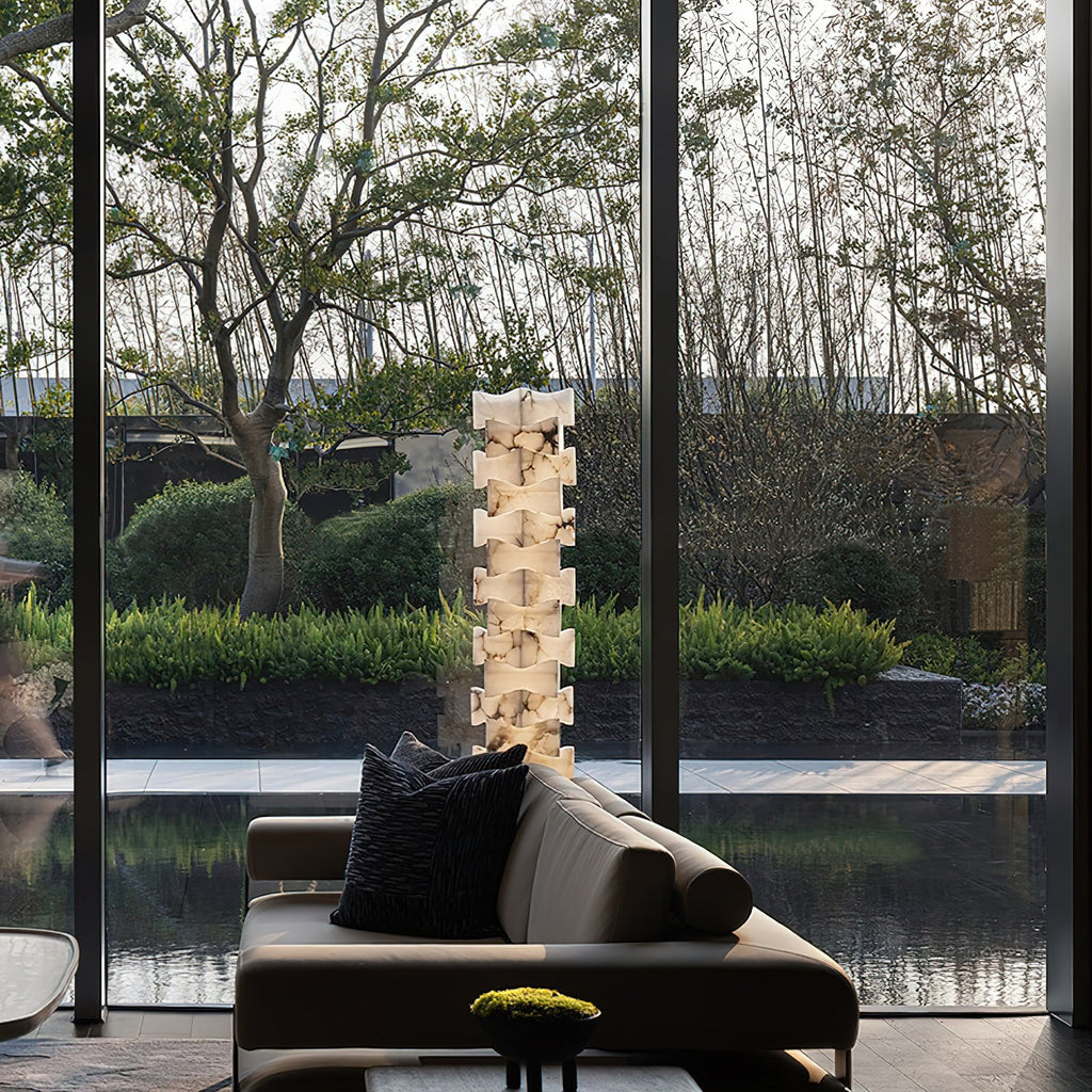Stacked Alabaster Floor Light — additional product view, rotated stone blocks stacked above a dark metal base (view 5)