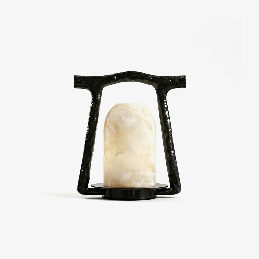 Portal Alabaster Table Lamp — full fixture profile, a stone dome set within an open bronze arch (view 1)
