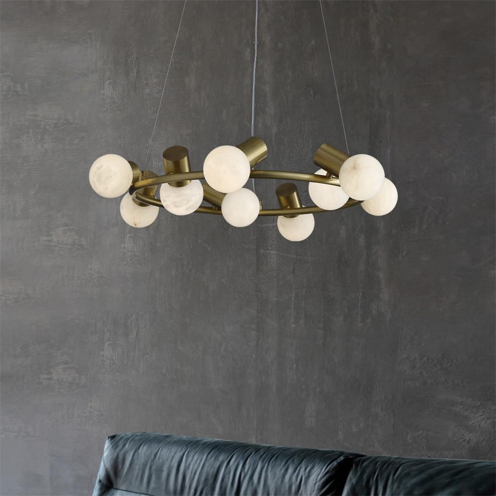 Raechelle Alabaster Chandelier — product setting and fixture profile, stone globes carried by a metal chandelier frame (view 2)