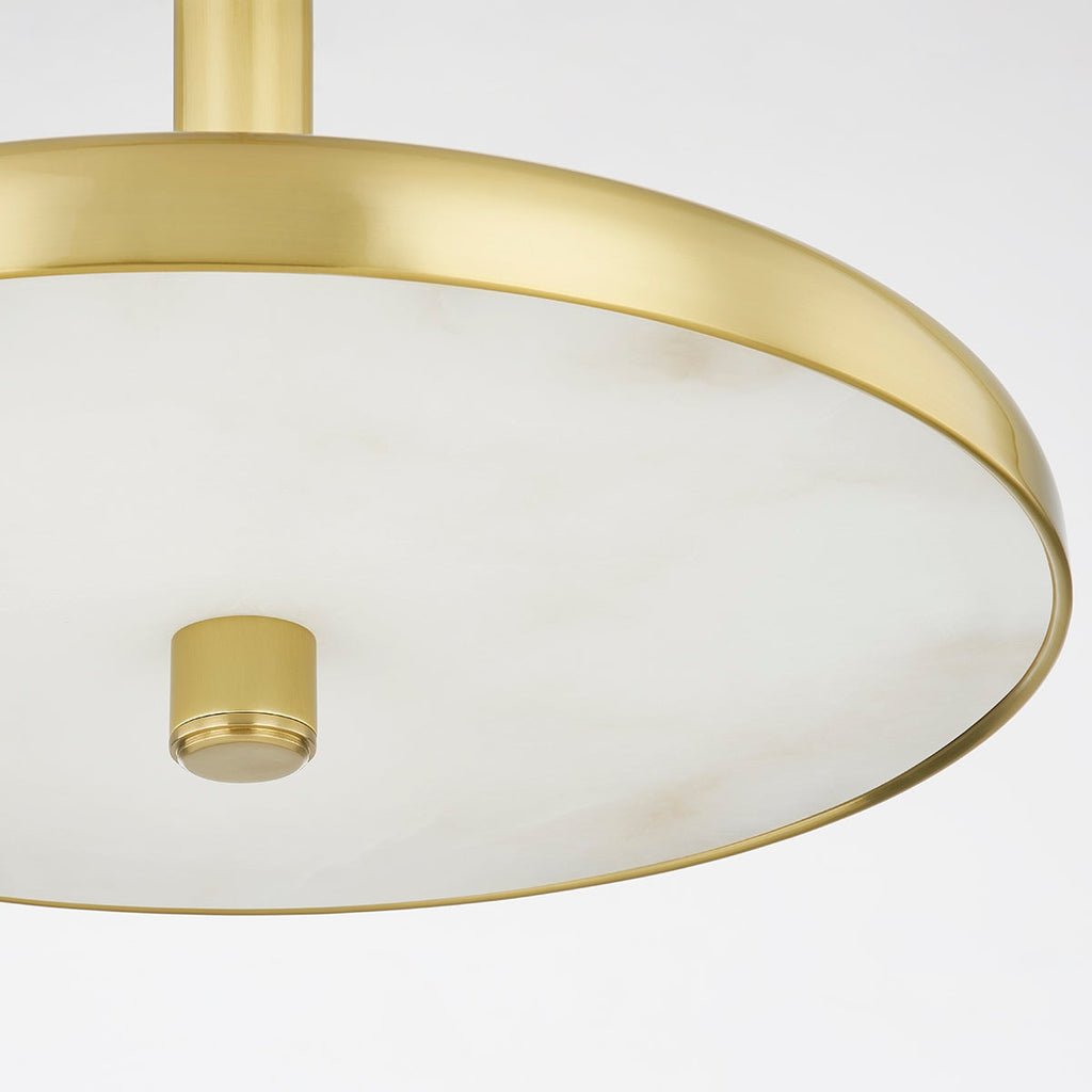 Reynolds Alabaster Pendant Lamp — product setting and fixture profile, a stone lens beneath a slender metal dome (view 2)
