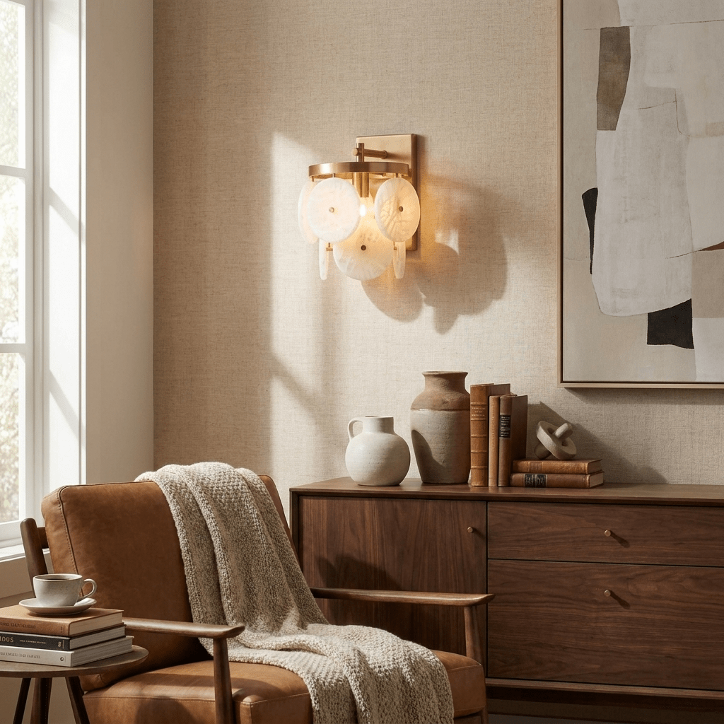 Rosette Alabaster Disc Sconce — product setting and fixture profile, four stone discs around a central bulb (view 2)