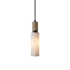 Santorini Alabaster Pendant Lamp — full fixture profile, a cylindrical stone shade with slim brass hardware (view 1)