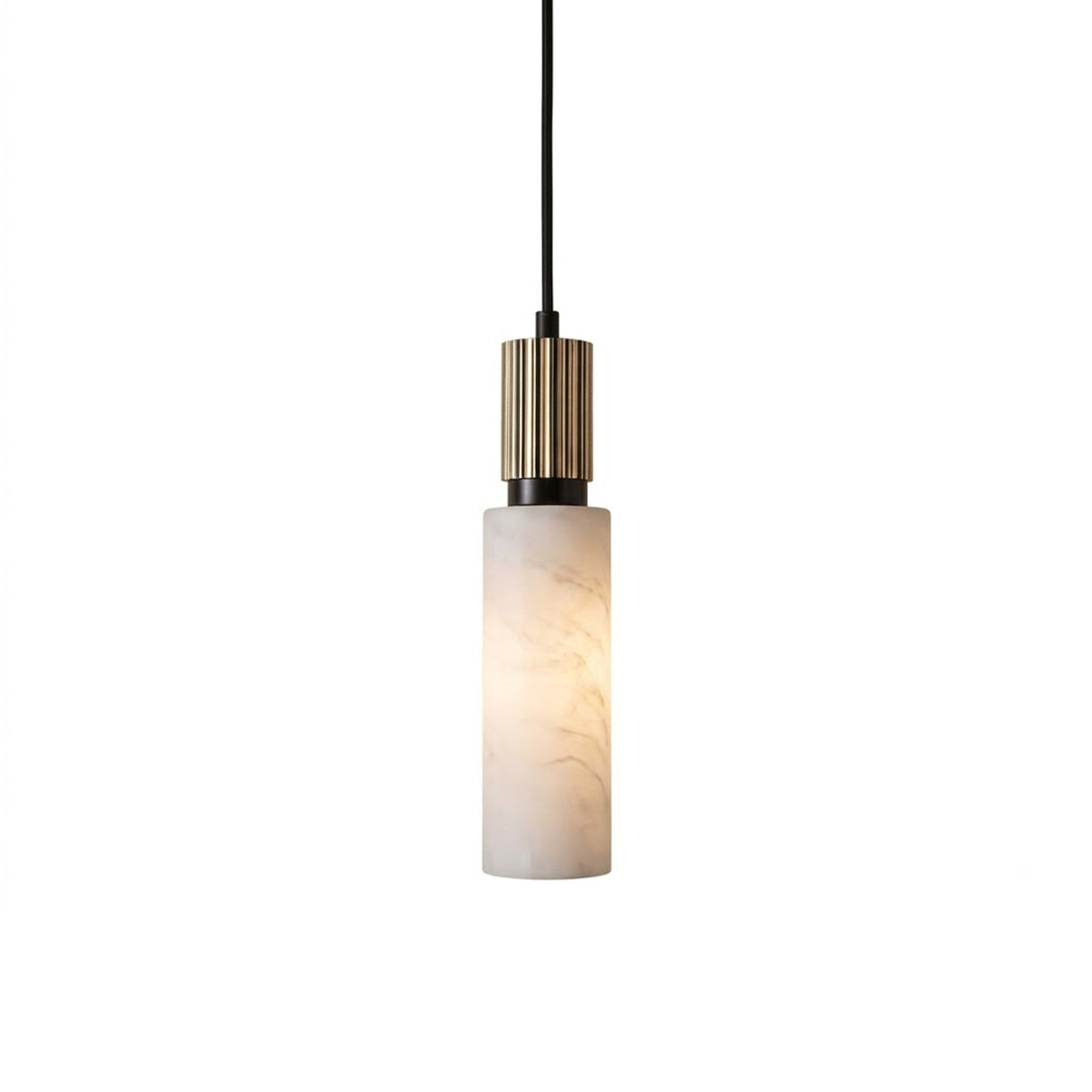 Santorini Alabaster Pendant Lamp — full fixture profile, a cylindrical stone shade with slim brass hardware (view 1)