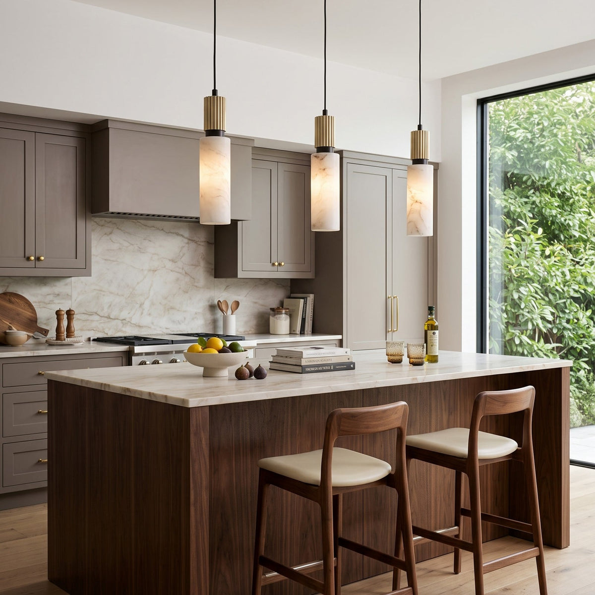 Santorini Alabaster Pendant Lamp — product setting and fixture profile, a cylindrical stone shade with slim brass hardware (view 2)