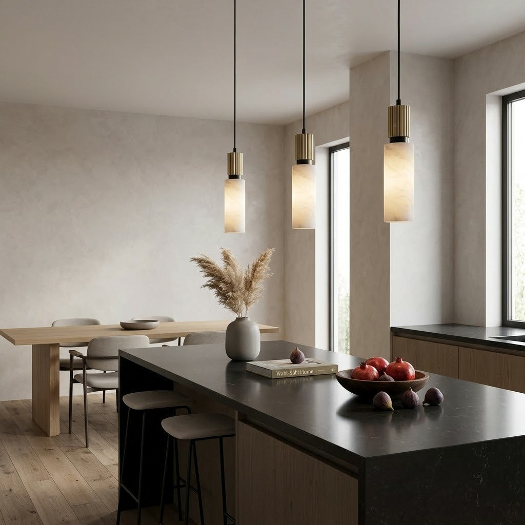 Santorini Alabaster Pendant Lamp — additional product view, a cylindrical stone shade with slim brass hardware (view 3)
