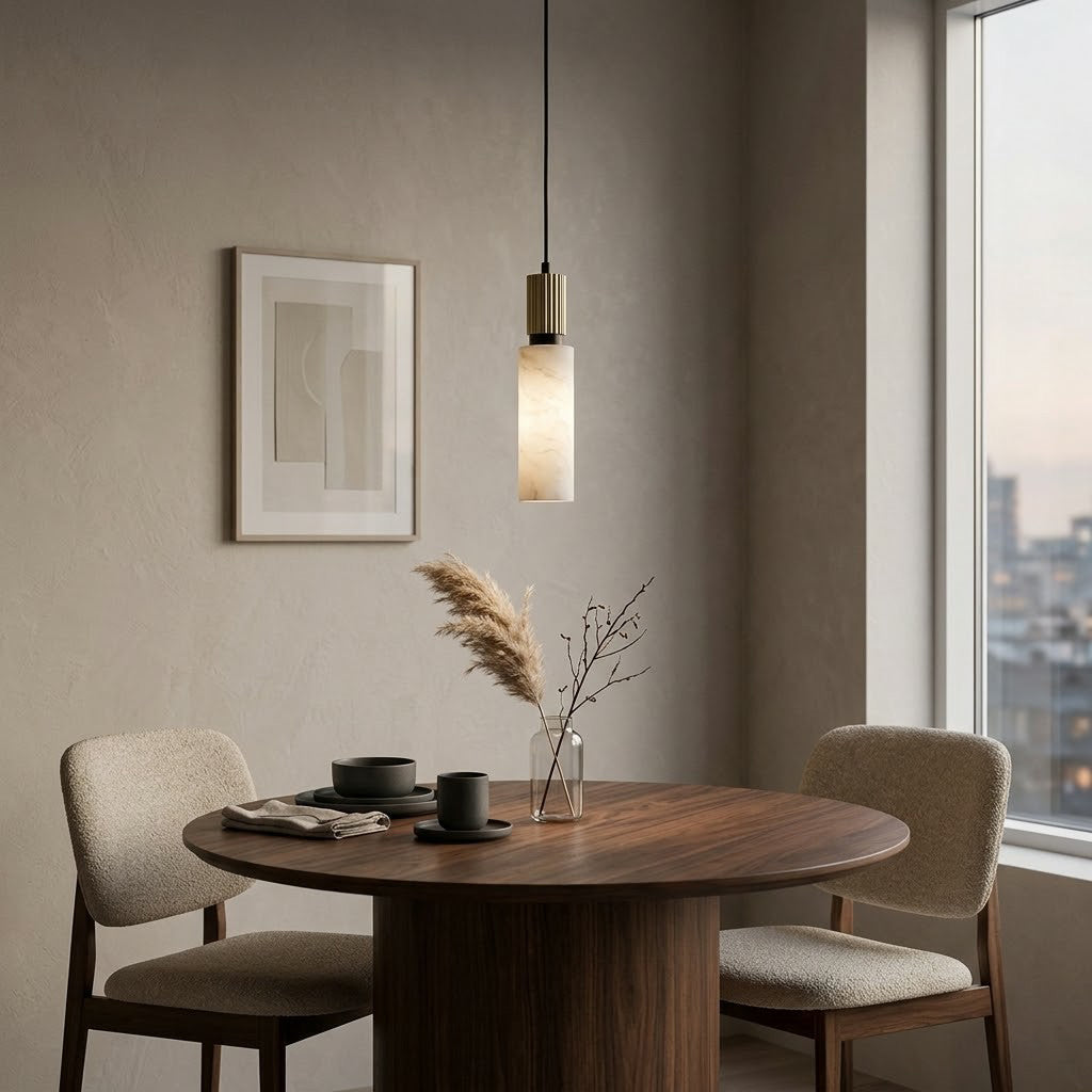 Santorini Alabaster Pendant Lamp — additional product view, a cylindrical stone shade with slim brass hardware (view 4)