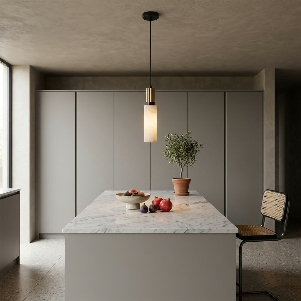 Santorini Alabaster Pendant Lamp — additional product view, a cylindrical stone shade with slim brass hardware (view 5)
