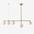 Seesaw linear chandelier with four upper globes and a lower central globe