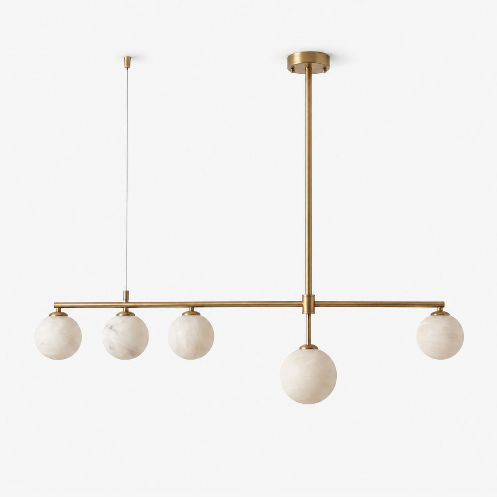 Seesaw linear chandelier with four upper globes and a lower central globe